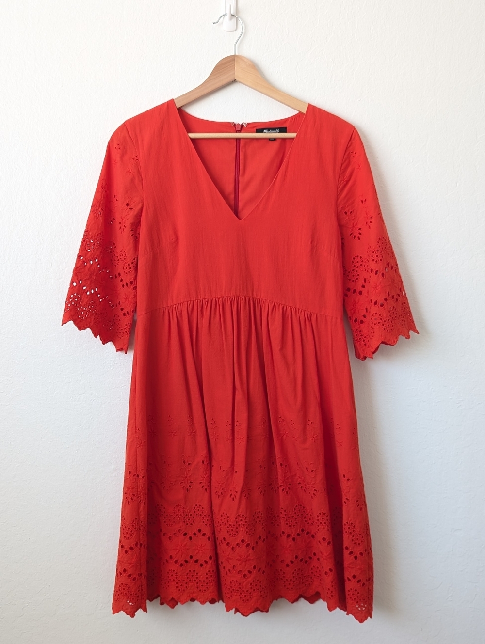 Madewell Red Cotton Eyelet V-Neck Babydoll Mini Dress Size 00